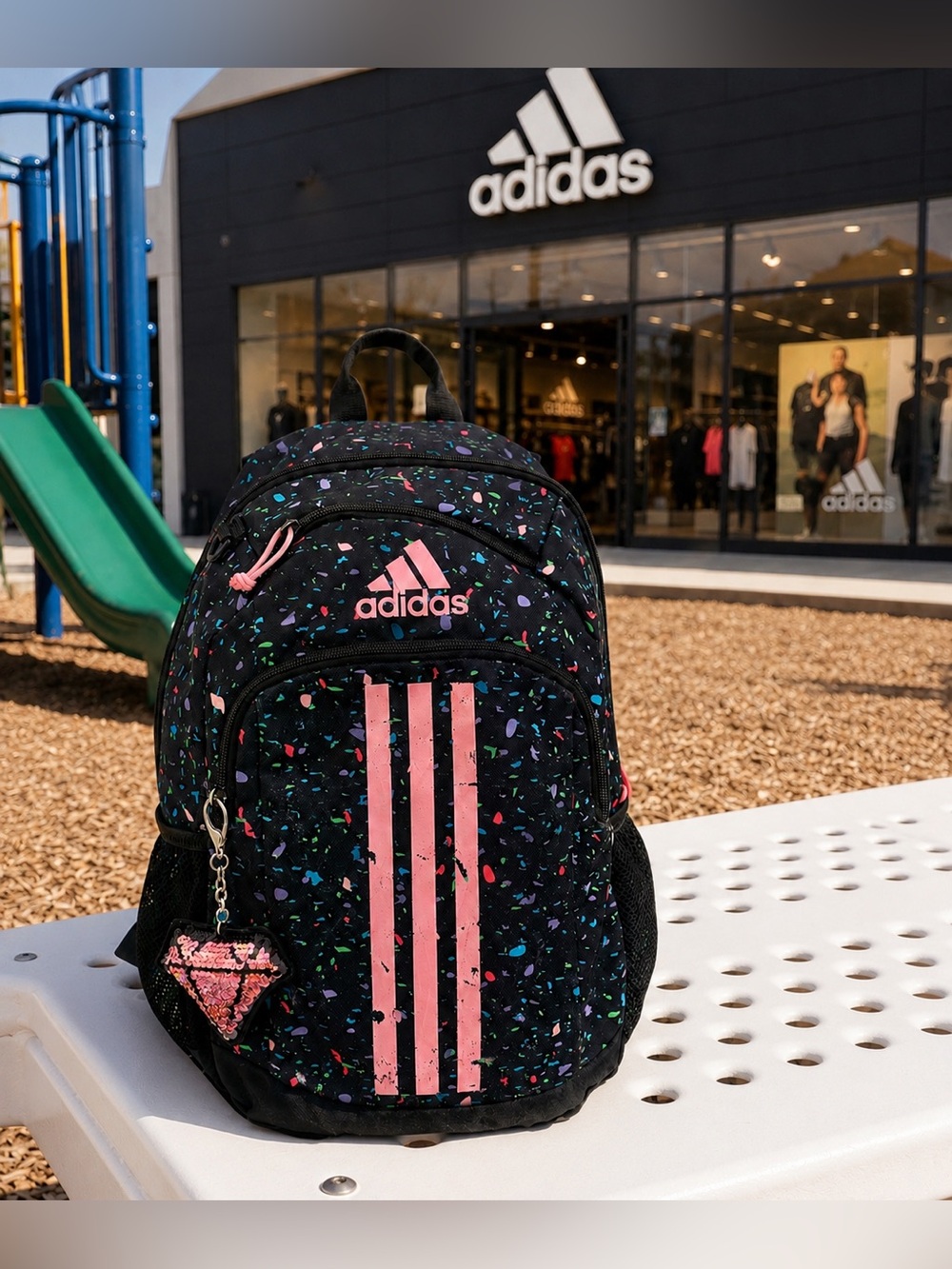 Adidas Young Creator Backpack Confetti Print Black & Pink w Sequins Diamond Bag
